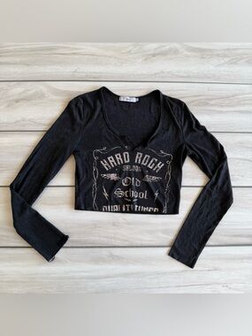 Adika Hard Rock Saloon Long Sleeve Crop Top Black Small EUC